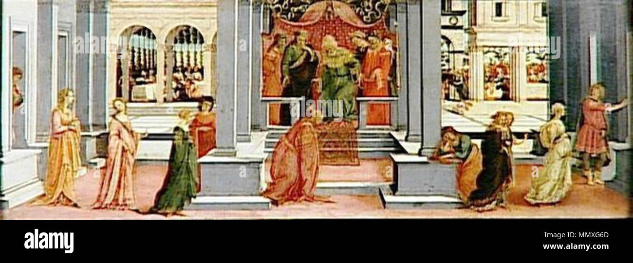 .  English: A depiction of Esther chosen by the Persian king Ahasuerus to be his consort; the story is told in the Book of Esther in the Bible.  English: Esther chosen by Ahasuerus. Français : Esther choisie par Assuerus. circa 1480.. Filippino Lippi, Esther choisie par Assuerus (c. 1480) Stock Photo