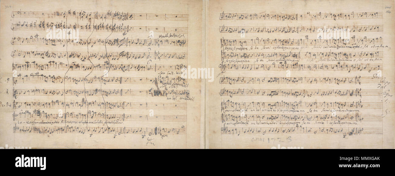 . Part of the final chorus and the interlude for Cesare and Cleopatra in the opera Giulio Cesare by George Frideric Handel, autograph manuscript (please use zoom viewer to see image at desired resolution)  . 1723. George Frideric Handel Final chorus Giulio Cesare autograph manuscript Handel 1723 Stock Photo