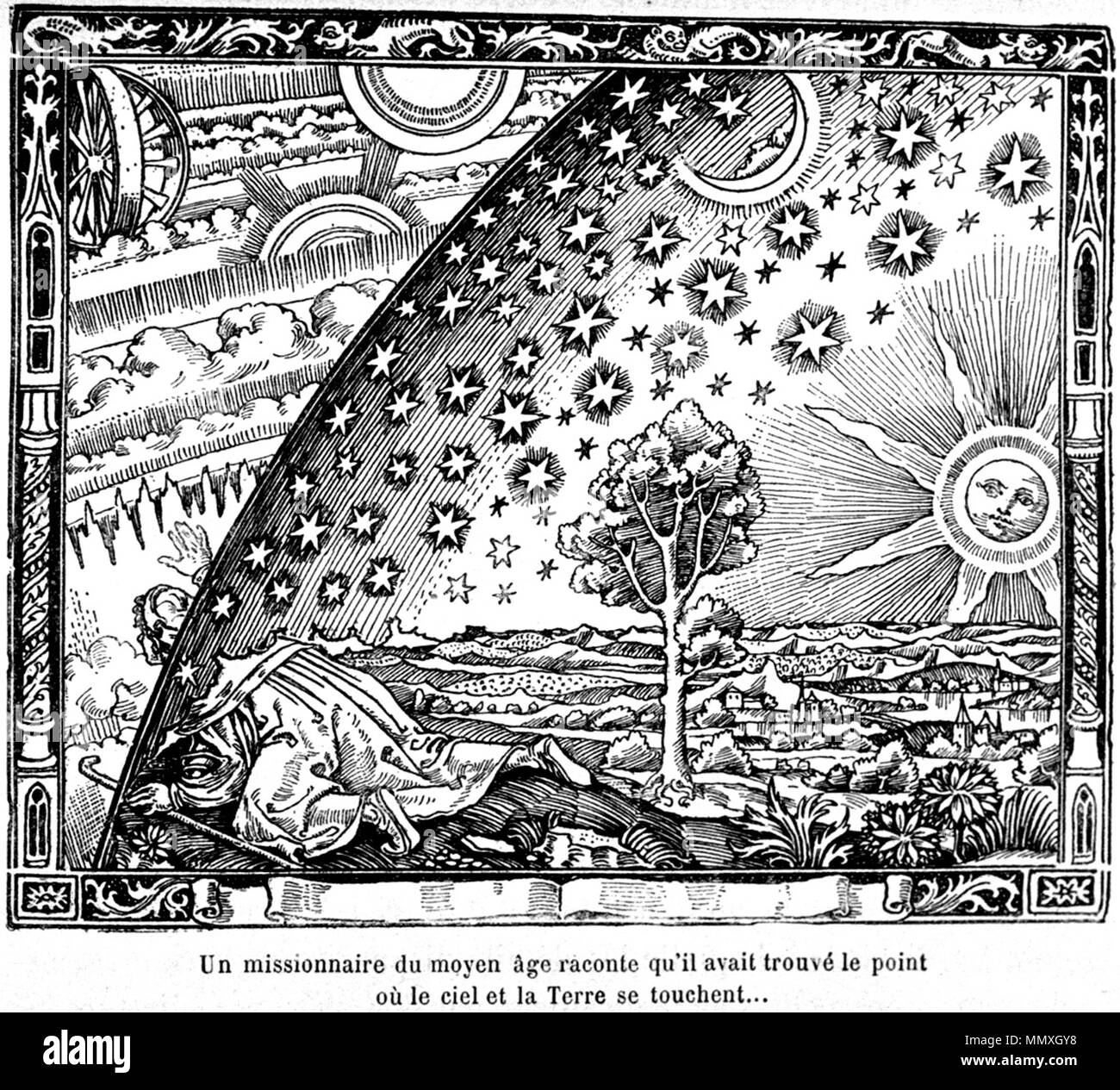 . English: The Flammarion engraving is a wood engraving by an unknown artist that first appeared in Camille Flammarion's L'atmosphère: météorologie populaire (1888). The image depicts a man crawling under the edge of the sky, depicted as if it were a solid hemisphere, to look at the mysterious Empyrean beyond. The caption translates to 'A medieval missionary tells that he has found the point where heaven and Earth meet...'  . 1888. Anonymous FlammarionWoodcut Stock Photo