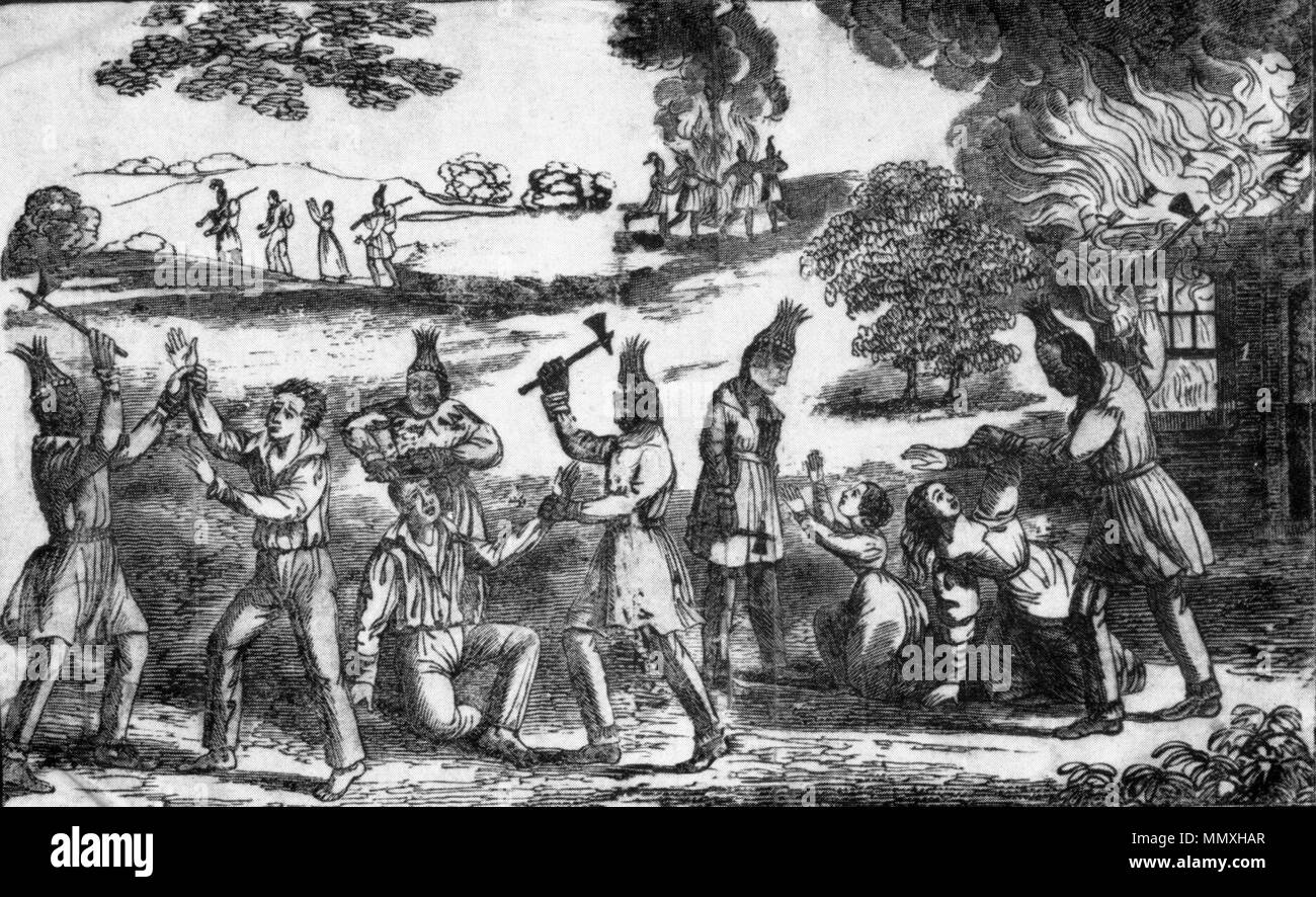 . 'WHITE SETTLERS MASSACRED BY THE SEMINOLES: During the Seminole War of 1835-1836. From a woodcut in An Authentic Narrative of the Seminole War, Providence, 1836.'  . 1836. User:SEWilco Florida massacre 1836 Stock Photo
