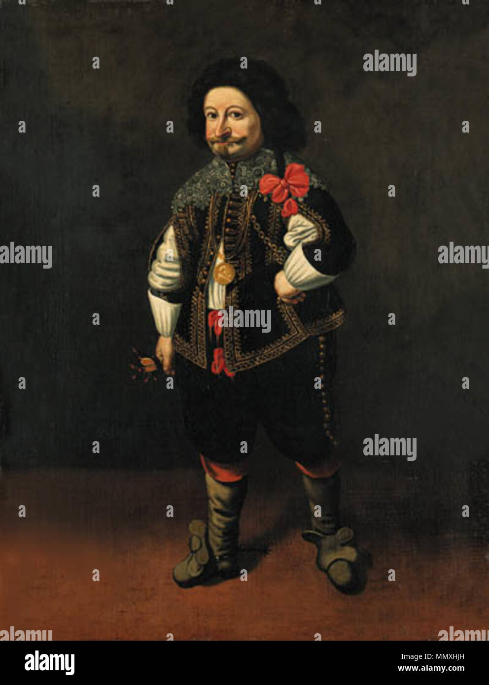 . full-length, in a gold-embroidered black coat with slashed ...