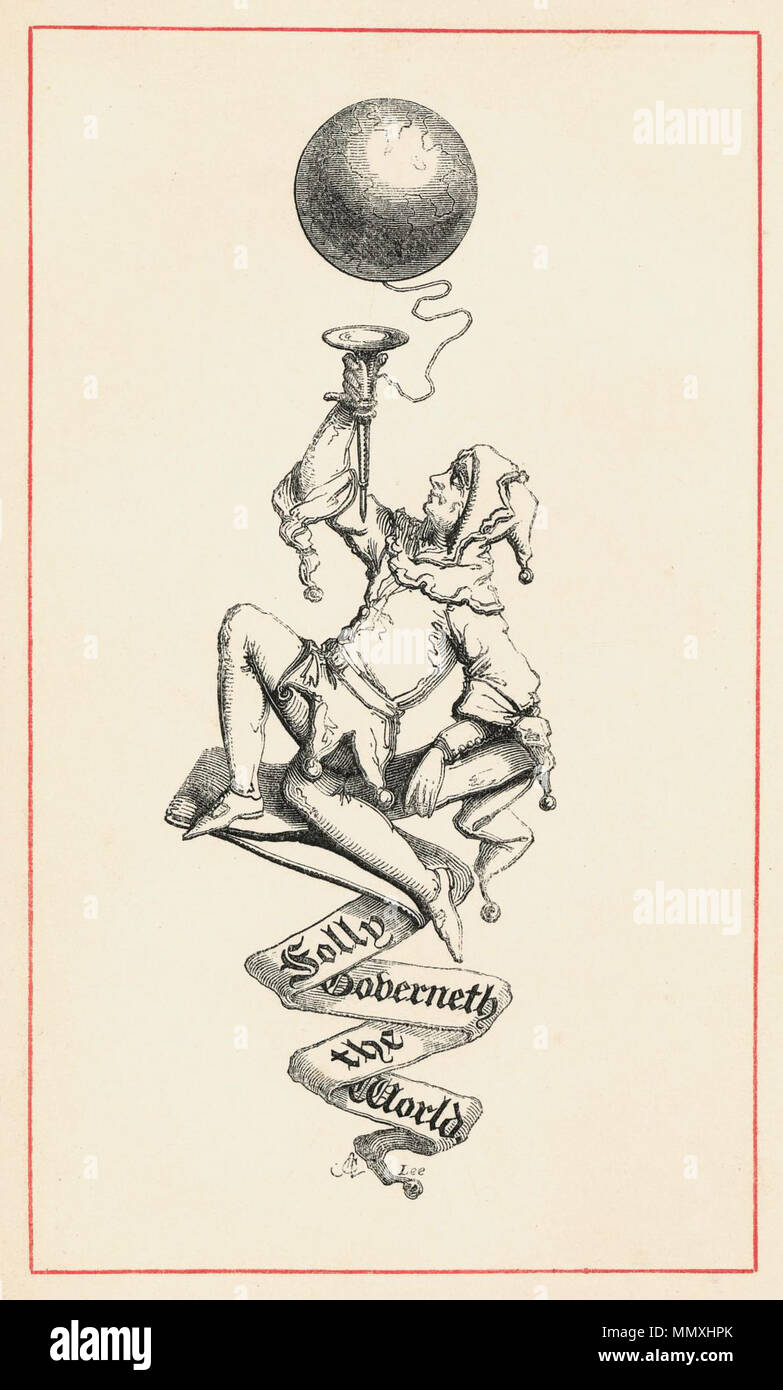 . English: Frontispiece to The Marvellous Adventures and Rare Conceits of Master Tyll Owlglass, by Kenneth R. H. Mackenzie, drawn by Alfred Henry Forrester. The image is an allegory of the world as a cup-and-ball toy, plaything for a fool. It illustrates the motto: Folly Governeth the World.  . 1860. Alfred Crowquill (Alfred Henry Forrester); engraved by James Lee Folly-governeth-the-world-alfred-crowquill-1860 Stock Photo