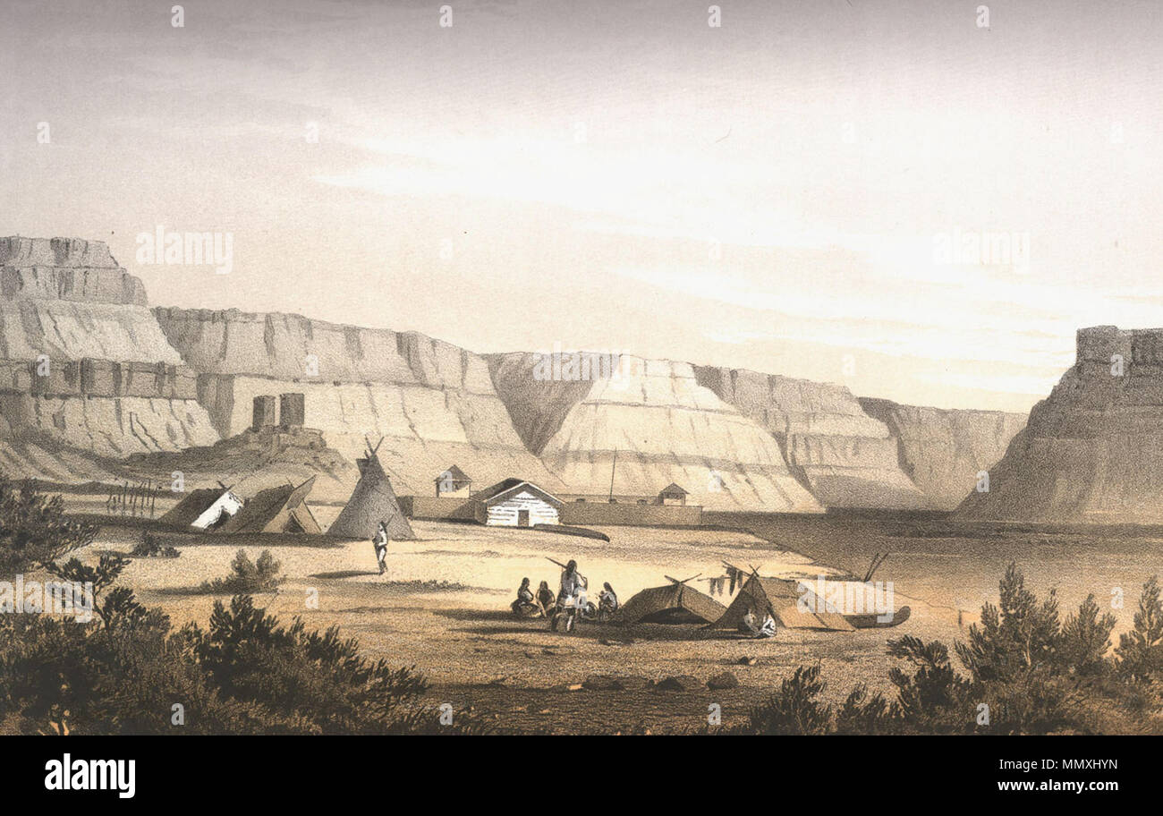Fort Nez Percés Nez Perce camp outside walls of Old Fort Walla Walla on the Columbia River, Washington in engraving made 1853. 1860. Fort Nez Perces 1853 Stock Photo