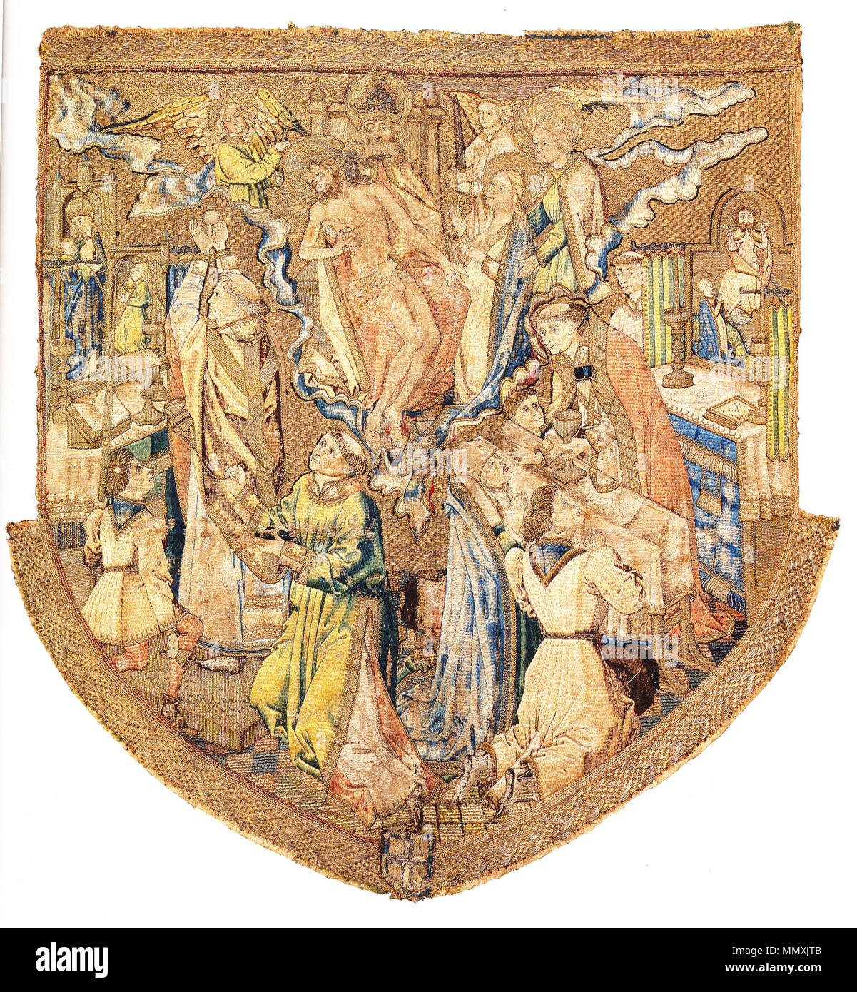 .  English: Tournai or Southern Netherlands, 1463-1478 Embroidery in different techniques, gold thread and silk, shield shaped hood: 55 x 55 cm fragments of orphrey: 46 x 32 cm (each) Historical Museum of Bern , Inv. 308A-B Provenance Embroidered at the commission of Jacques of Savoy (1450-1486), Count of Romont, and presented by him to the Bishop of Lausanne; Lausanne Cathedral Treasury; in 1536, following the Protestant conquest of Lausanne, taken to Bern; since 1882 in the possession of the museum.  . 24 September 2013, 22:26:10. Tournai embroiderer after Rogier van der Weyden Fragment of a Stock Photo