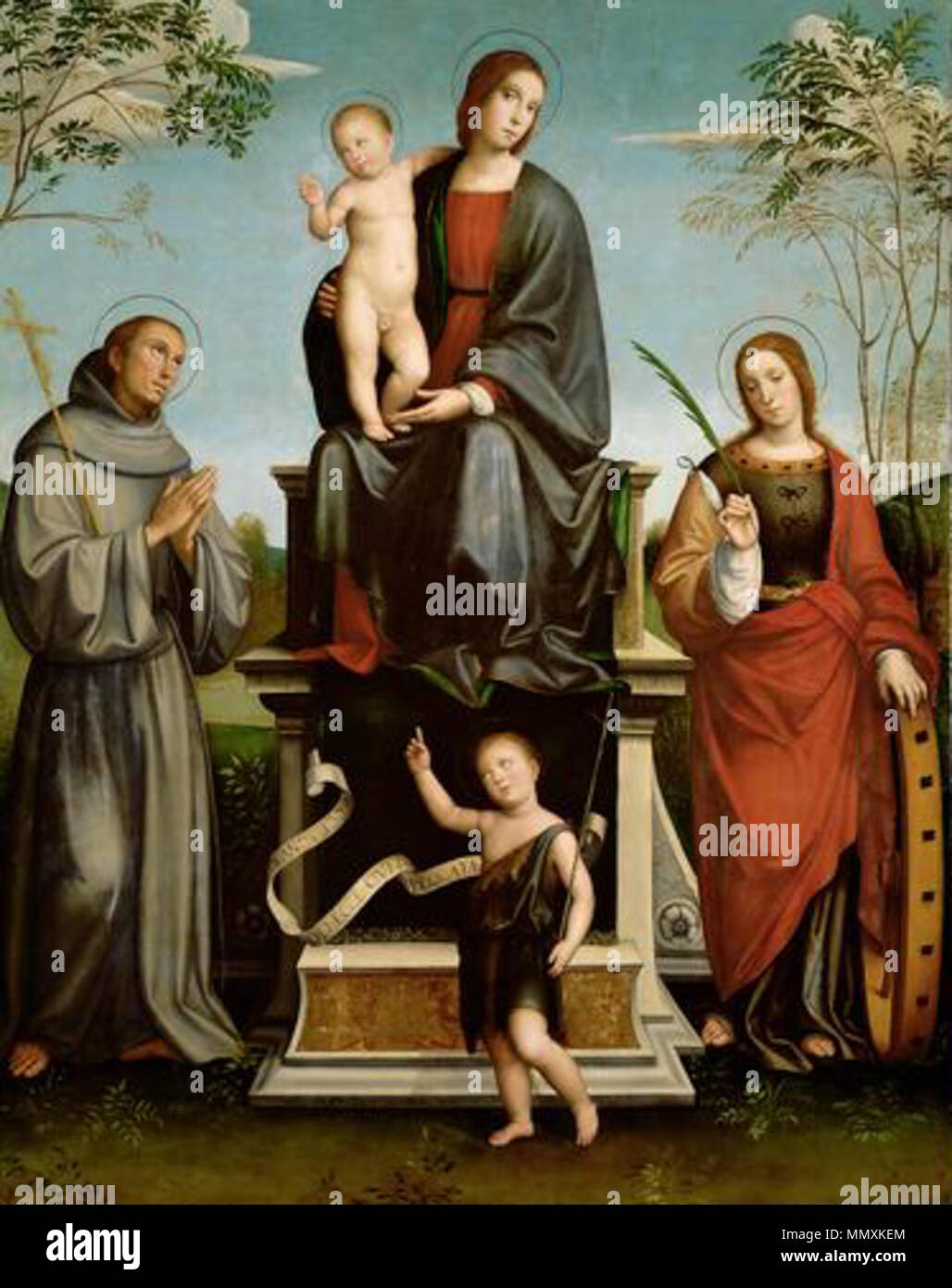 Mary with Child, St. Francis, St. Catherine and young St. John the Baptist. circa 1504. Francesco Francia 002 Stock Photo