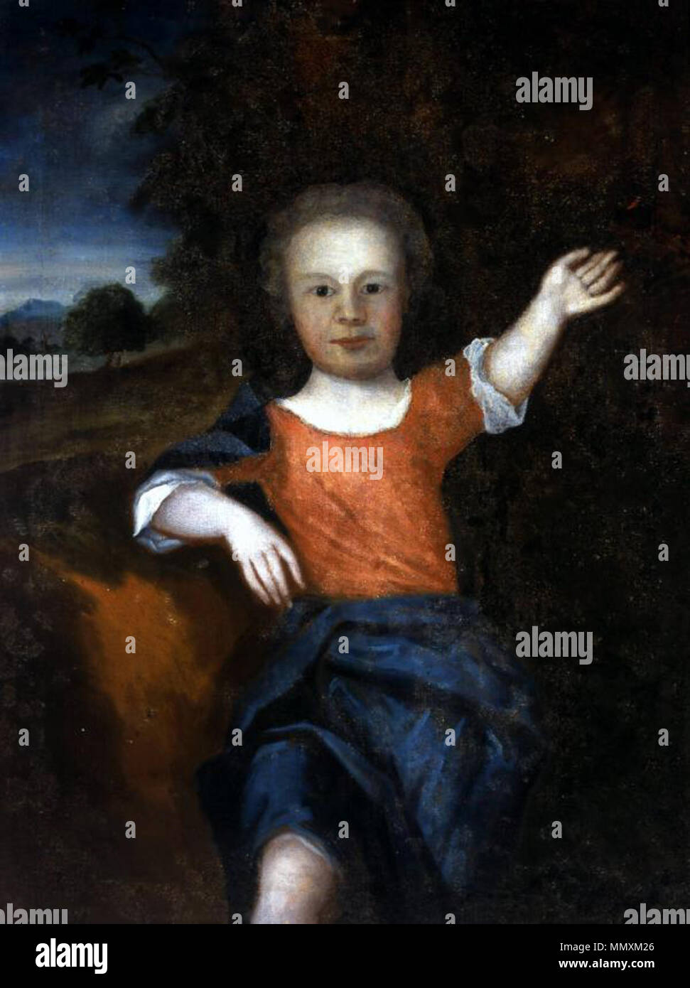 .  The portrait represents a child with short, curling hair, in the garment of a young boy: a bright red frock, with undershirt visible at the neck and cuffs. A vivid blue robe wraps his body below the waist. He is depicted outdoors, with trees behind him providing a dark background for his head and body. In the far distance is a hillside with a single tree standing on it, and a patch of sky visible at the upper left of the canvas. The child faces the viewer squarely, his left hand raised in salute; his right arm, bent at the elbow, rests on a raised hill? covered with red. Behind him is a cur Stock Photo