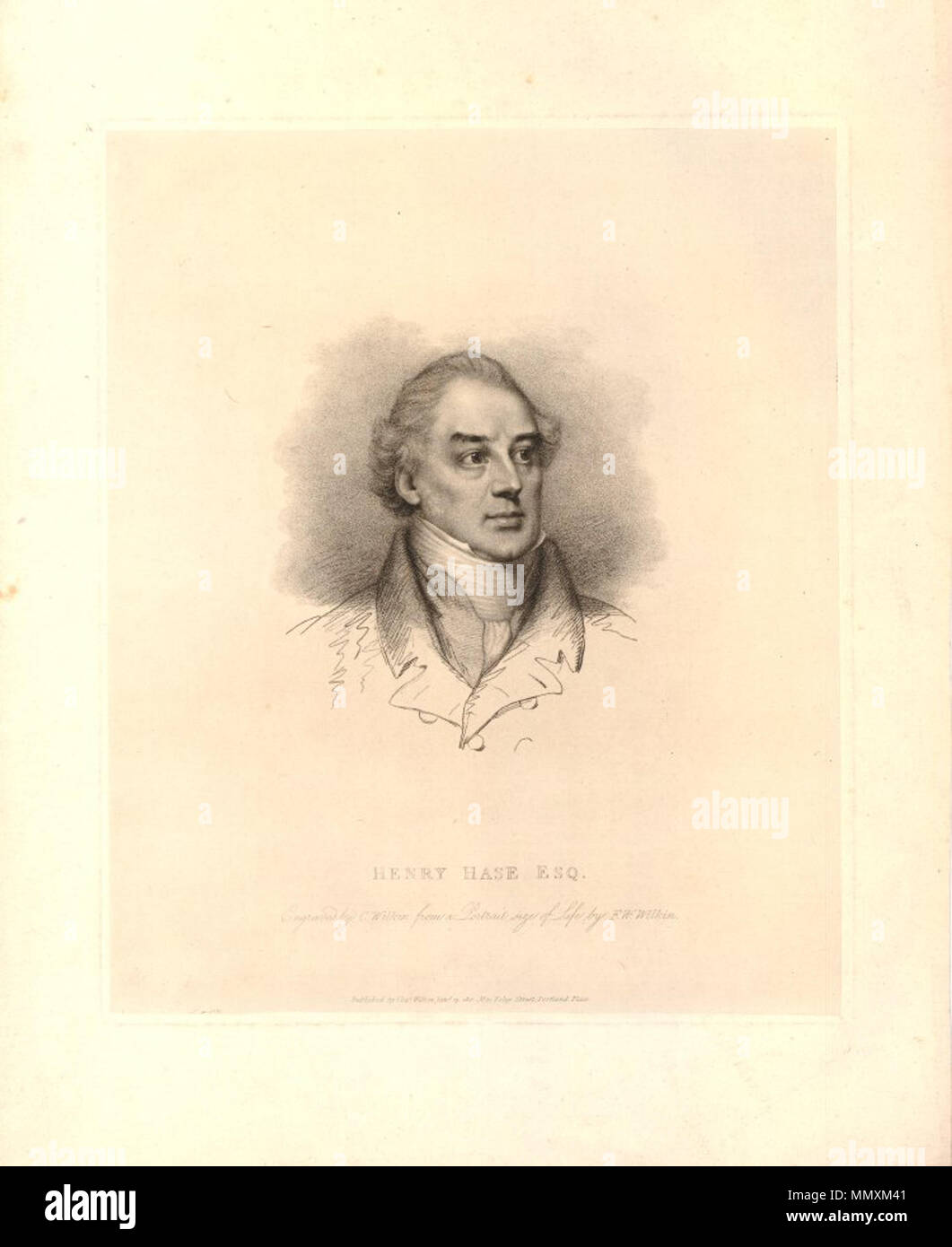 . Henry Hase(1763-1829), Chief cashier of the Bank of England, stipple, soft-ground etching, Print made by Charles Wilkin, Published by Charles Wilkin after Francis William Wilkin Published in London 1821, 'Engraved by C. Wilkin from a Portrait size of Life by F.W. Wilkin. / Published by Chas. Wilkin Jany. 19, 1821 No. 31 Foley Street, Portland Place.'.  . 1821.   Charles Wilkin  (circa 1750–1814)    Description English engraver and painter father of Francis William Wilkin  Date of birth/death 1750 28 May 1814  Location of birth/death London London  Work location London  Authority control  : Q Stock Photo