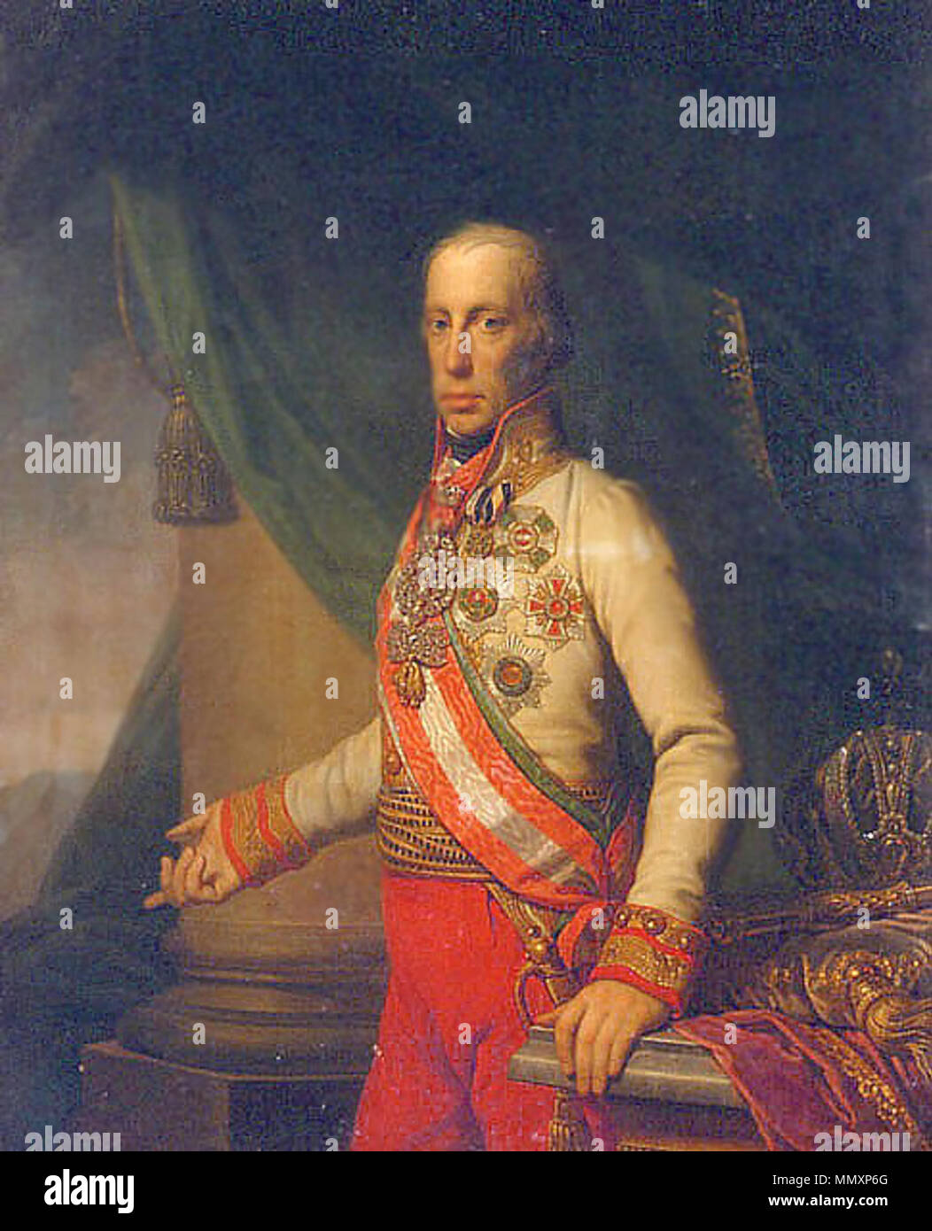 English: Emperor Franz I of Austria (Franz II of the Holy Roman Empire),  wearing the uniform of a Field Marshal in the Austrian Army . 19th century.  Franz I (II) half-length
