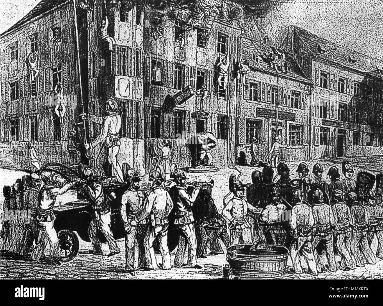 . Die Freiwillige Feuerwehr Durlach, ca. 1840er. Holzstich, Stadtarchiv Karlsruhe VIIc/67  . 1840s. Unknown Freiwillige Feuerwehr Durlach 1840s Stock Photo