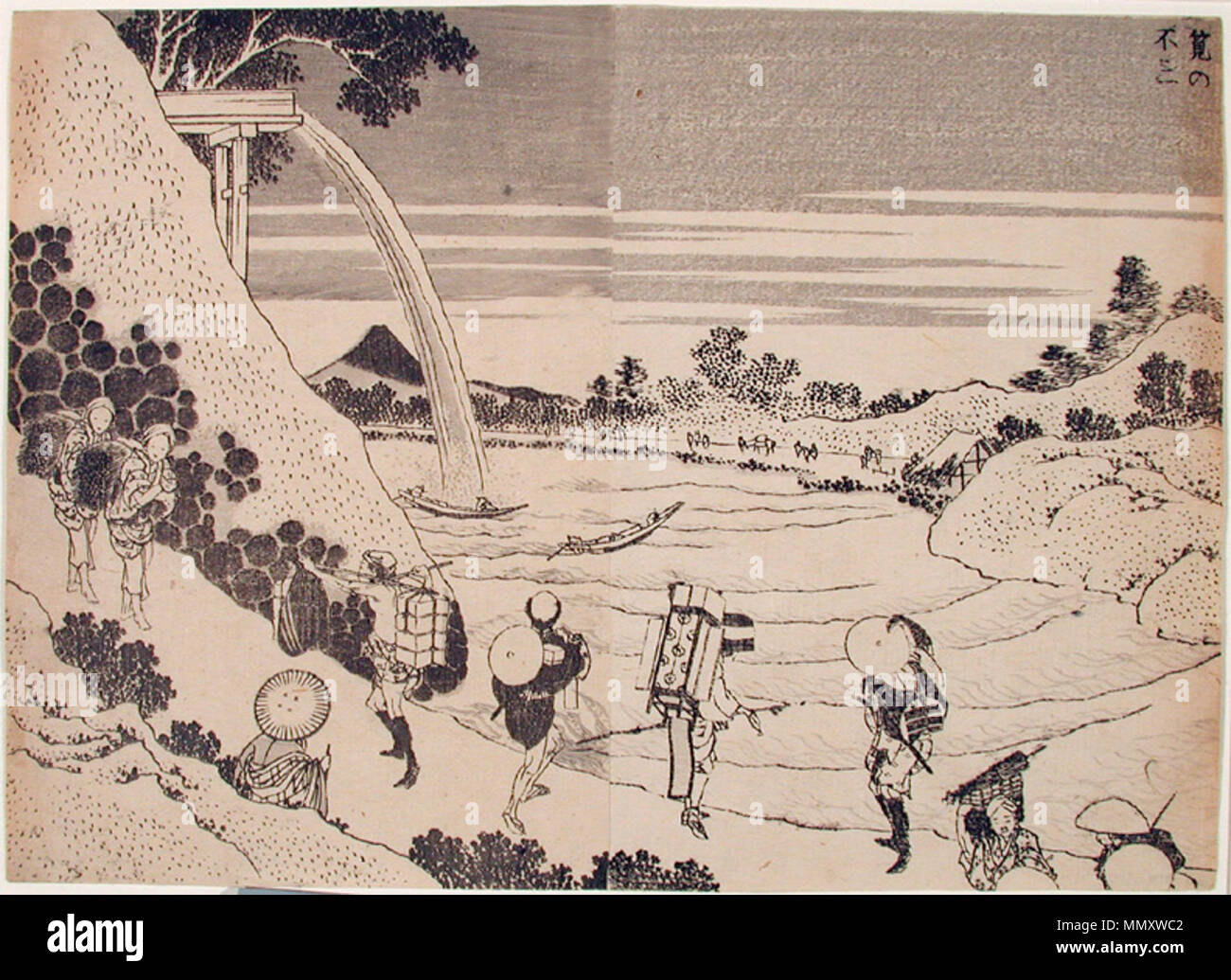 . English: Accession Number: 1965.94.16 Display Artist: Katsushika Hokusai Display Title: Fuji from the Conduit Series Title: One Hundred Views of Mount Fuji Suite Name: Fugaku hyakkei Creation Date: 1834-1835 Height: 7 3/16 in. Width: 9 7/8 in. Display Dimensions: 7 3/16 in. x 9 7/8 in. (18.26 cm x 25.08 cm) Publisher: Nishimuraya Yuzo Credit Line: Gift of Mrs. Harold Rhody Witherbee Label Copy: 'Cada cortesana est nombrada en los grabados. A la izquierda, sosteniendo un libro, est Hanado. Luego, Tamino se ajusta una horquilla, y en el centro Hanazome muele tinta y lleva un pincel de caligraf Stock Photo