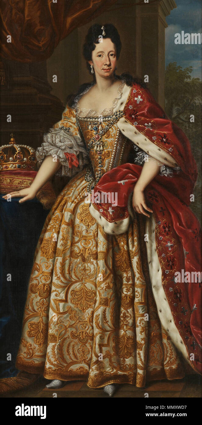 Full portrait painting of Anne Marie d'Orléans as Queen of Sardinia overlooking the Sardinian crown and wearing Savoyard ceremonial robes by an unknown artist (Royal Castle of Racconigi) Stock Photo