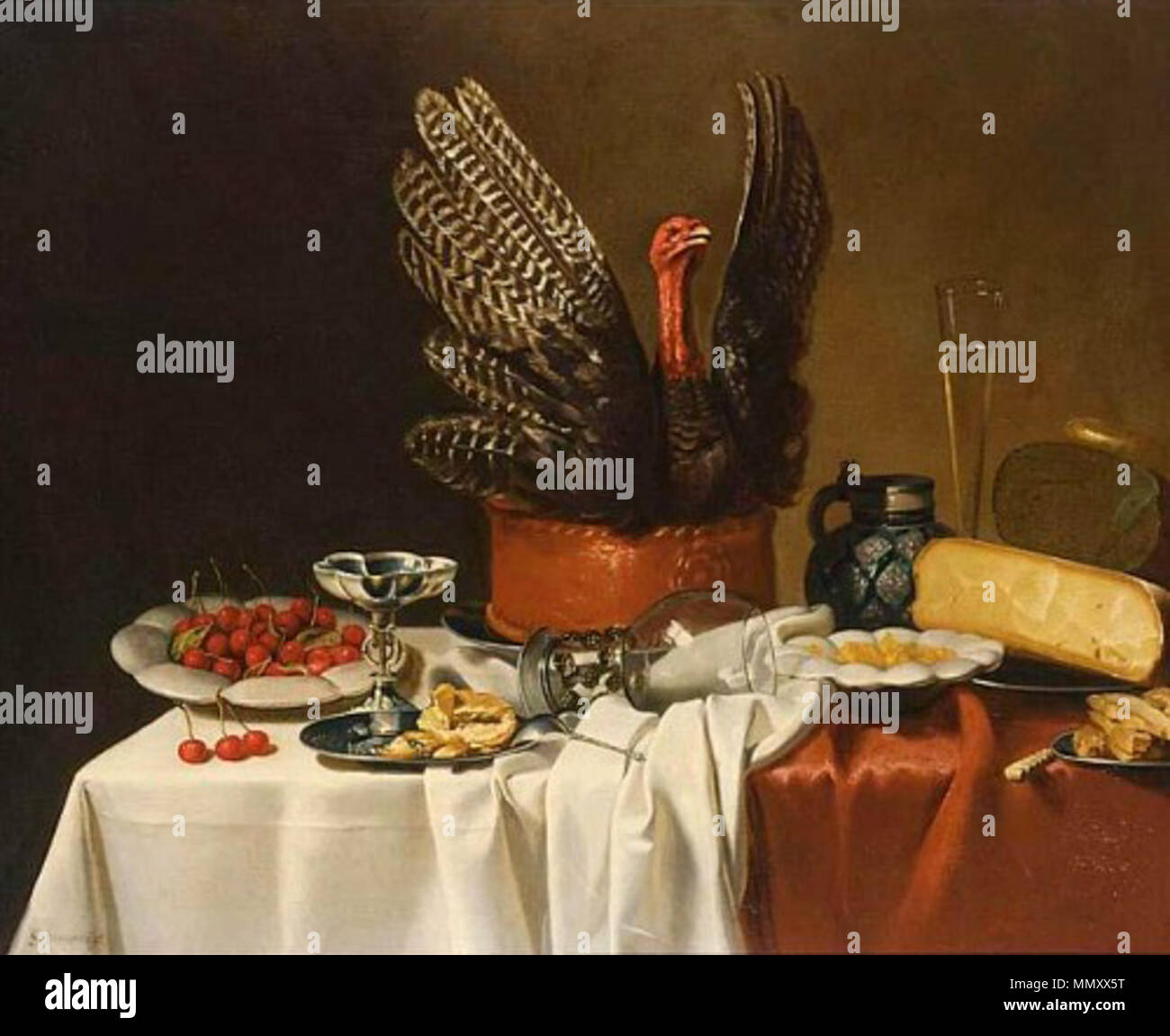 .  English: 'A still life with a turkey pie, cherries on a plate, a silver tazza, bread on pewter plates, a spoon, a roemer, an earthenware jug, a glass and cheese, all on a table draped with a red and white cloth' (From Sotheby's catalogue, Old Master Paintings, Amsterdam, 14 Nov 2006, lot #37)  English: Still life with a turkey pie . circa 1658 ?. G-vervorn-still-life-with-turkey-pie Stock Photo