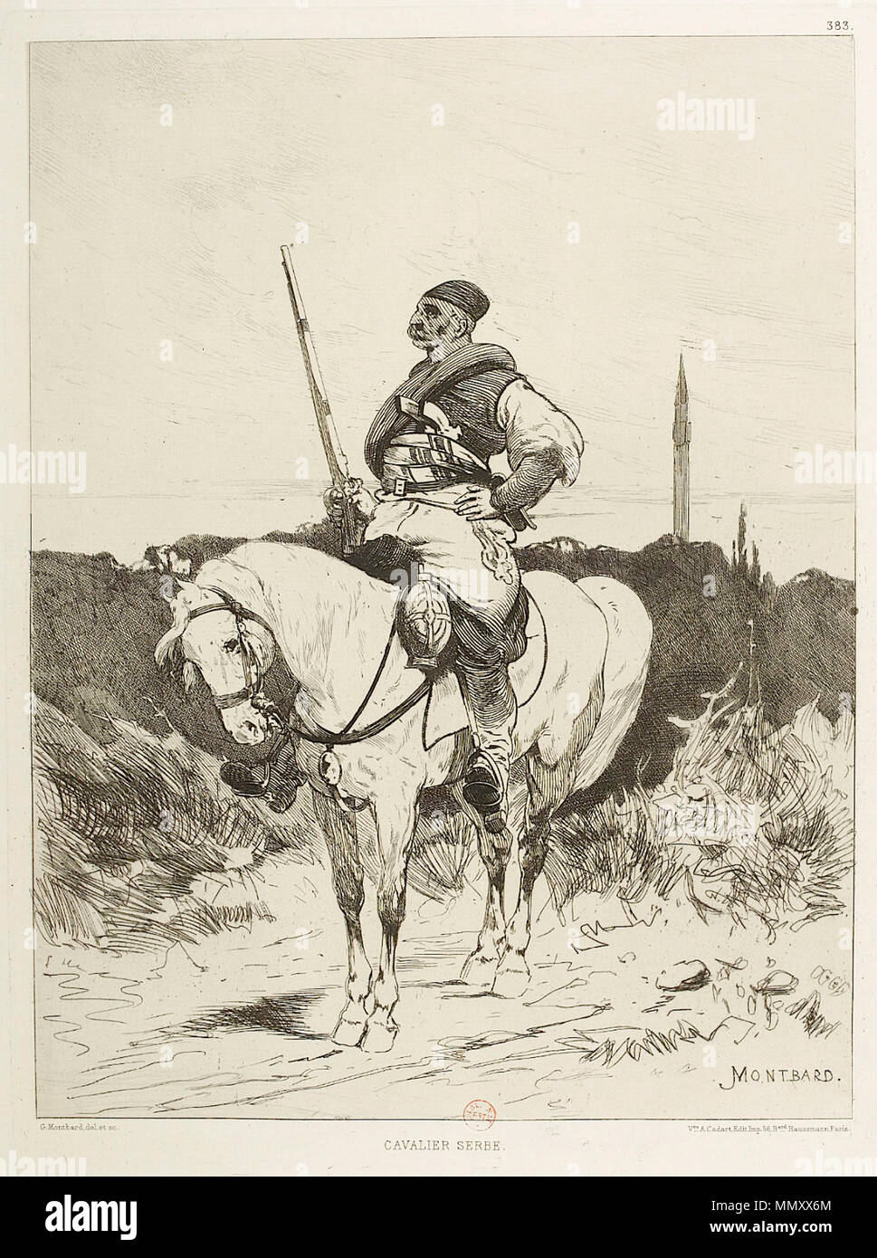 . English: Cavalier serbe. Salon de 1877 [Serbian Rider], etching # 383 in L'Illustration nouvelle, Paris, Vve A. Cadart. G. Montbard Cavalier serbe IN 383 Stock Photo