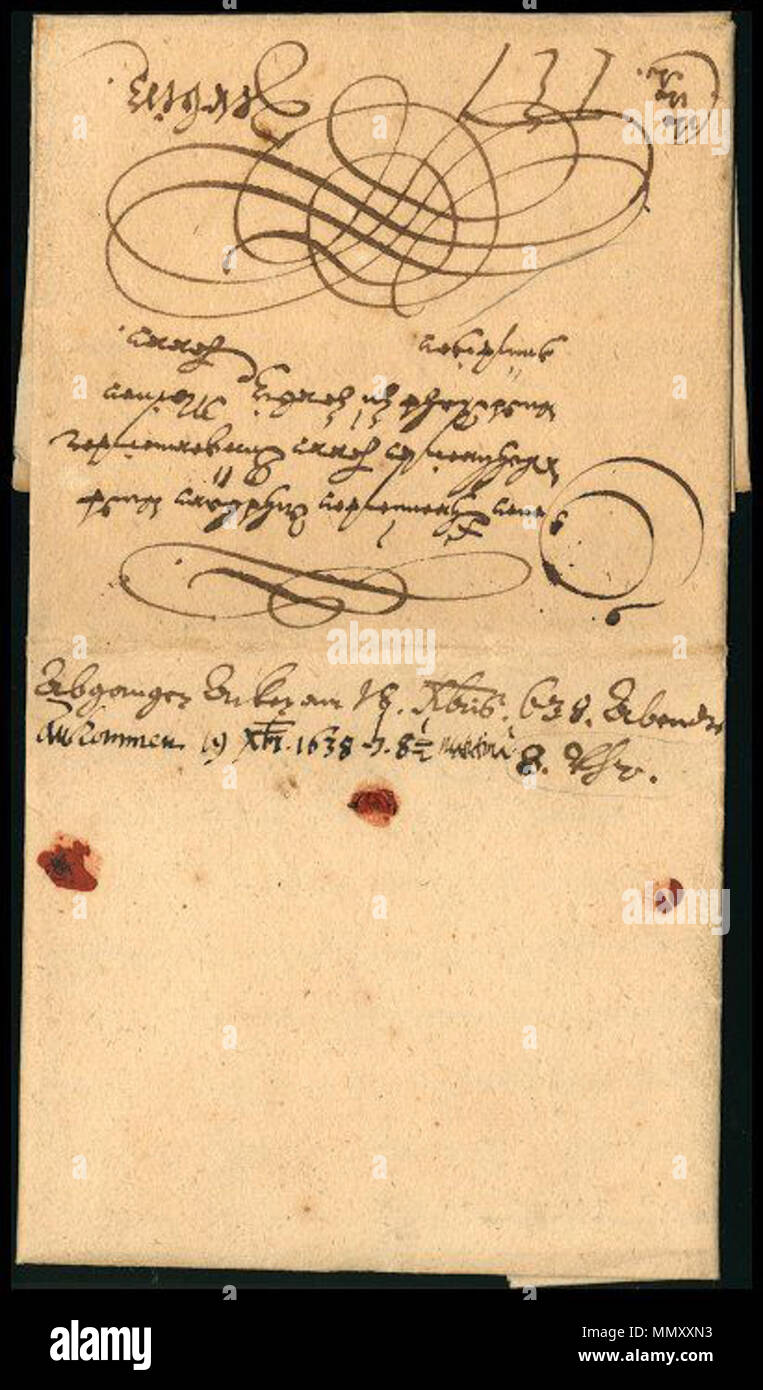 . English: Gallows letter (address side), Germany, 1638, sent from Acken (= Aken near Köthen) to Calbe / Zerbst, a note 'Cito, cito, cito' (Haste, haste, haste) in the lower left corner and a gallows mark. On the back side marked with the dispatch note '18. Xbris 638 Abends' (evening) and with the arrival note ''19 Xbr. 1638'. Русский: 'Висельное' письмо (адресная сторона), Германия, 1638 г.  . 1638. Unknown Gallows letter Germany 1638 Stock Photo