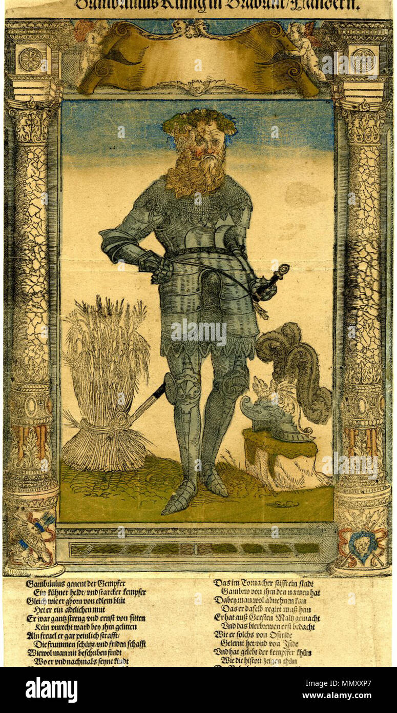 . English: Broadside on Gampar, a mythical Germanic king and patriarch. He is depicted here standing on a grassy patch wearing plated armour. He wears a long beard, and stands between a sheaf of wheat and a rock on which rests his plumed helmet. The scene is a hand-cloured woodcut by Nikolaus Stör, bounded by a columns and other architectural elements illustrated by Peter Flötner. The legend below is a letterpress verse by Burkhard Waldis. One print in a series of 12 broadsides on early Germanic kings.  . 1543. Burkhard Waldis, Nikolaus Stör, Peter Flötner Gampar Stock Photo