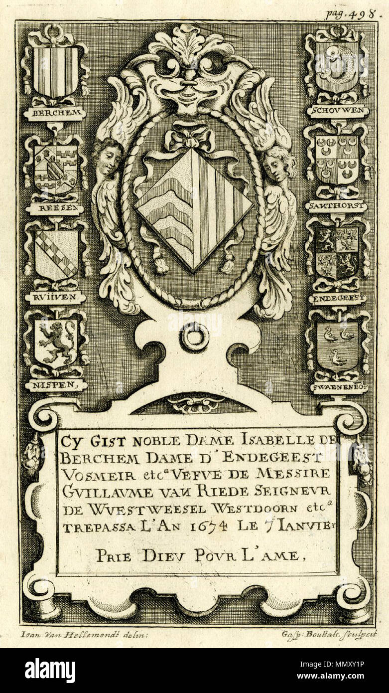 Coat of arms in an oval flanked by angels. circa 1674. Gaspar Bouttats, Jan van Helmont - Coat of arms in an oval flanked by angels Stock Photo