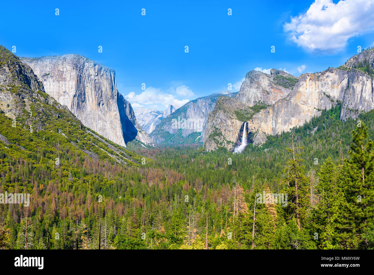 View of Yosemite Valley from Tunnel View point - view to Bridal veil falls, El Capitan and Half Dome - Yosemite National Park in California, USA Stock Photo