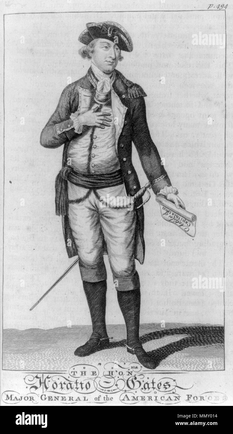 . English: The honble. Horatio Gates, major general of the American forces. Engraving shows General Horatio Gates, full-length portrait, standing, wearing uniform, facing slightly right, holding scroll labeled 'Articles of Capitulation.'  . 1780. Unknown General Horatio Gates 1780 Stock Photo