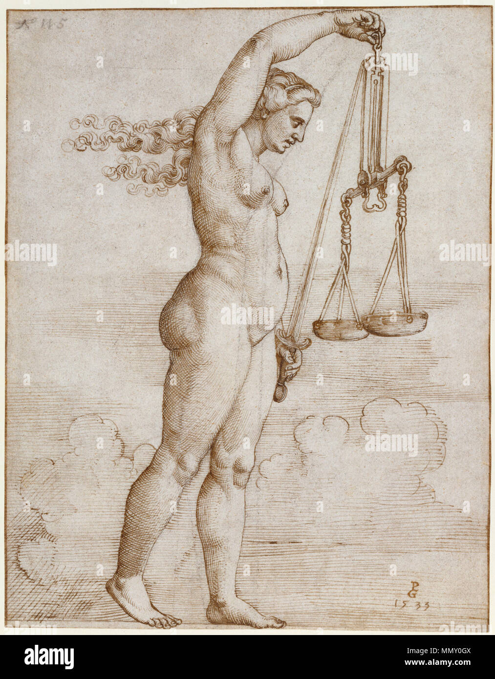 Allegory of Justice; Georg Pencz, German, 1484/1485 - 1545; Germany, Europe; 1533; Pen and brown ink over black chalk; 19.2 x 14.9 cm (7 9/16 x 5 7/8 in.); 87.GA.103 Georg Pencz - Allegorie der Gerechtigkeit Stock Photo