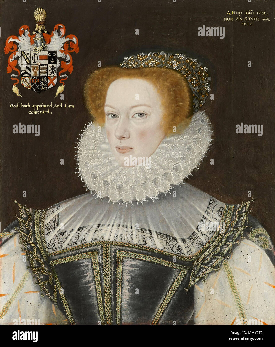 .  English: Portrait of Jennet Parkinson, wife of Cuthbert Hesketh of Whitehill, Lancashire  . 1580. George Gower Jennet Parkinson Stock Photo