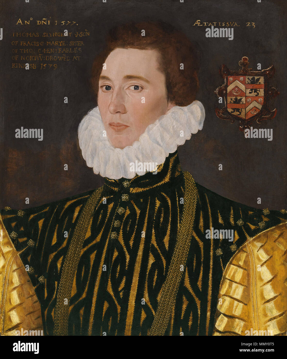.  English: Portrait of Thomas Slingsby (1556-1579), eldest son of Francis Slingsby and his wife Mary Percy, sister of Thomas Percy, 7th Earl of Northumberland, Henry Percy, 8th Earl of Northumberland. The sitter was drowned aged 23.  . 1577. George Gower Portrait of Thomas Slingsby Stock Photo