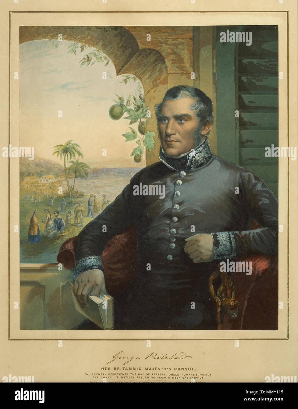 .  English: A portrait of George Pritchard (1 August 1796 – 6 May 1883), a British Christian missionary and diplomatist. The background scenery shows the bay of Papeete, Tahiti, French Polynesia, and the palace of Queen Pōmare IV (28 February 1813 – 17 September 1877).  English: George Pritchard, Her Britannic Majesty's consul; the scenery represents the bay of Papeete, Queen Pomare's palace, the chapel & natives returning from a week-day service. 1845. George Pritchard, Her Britannic Majesty's Consul (1845) by George Baxter Stock Photo