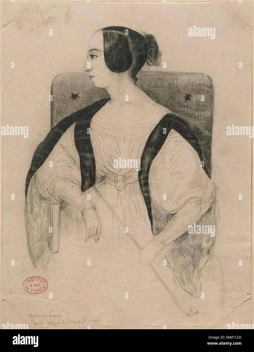 . English: Drawing of George Sand by Alfred de Musset. Français : Dessin représentant George Sand (1804-1876) par le poète Alfred de Musset. George Sand est le pseudonyme d'Amantine Aurore Lucile Dupin de Francueil, baronne Dudevant, romancière, auteur dramatique, critique littéraire française et journaliste. English: Portrait of George Sand. Français : Portrait de George Sand. 1833. George Sand par Alfred de Musset (15) Stock Photo