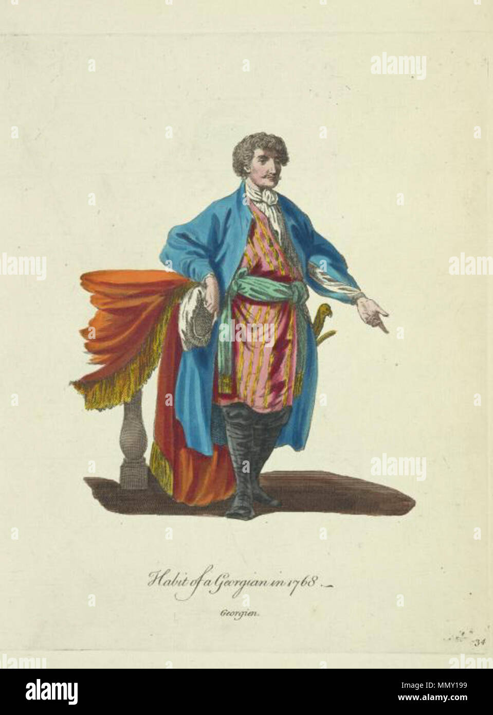 . English: 'Habit of a Georgian in 1768. Georgien.'. From A Collection of the Dresses of Different Nations, Antient and Modern, particularly Old English Dresses.... London: Thomas Jefferys, 1757-72.  . 1768.   Jean-Baptiste Le Prince  (–1781)    Description French painter and engraver  Date of birth/death 17 September 1734 / 17 May 1734 30 September 1781  Location of birth/death Metz Saint-Denis-du-Port  Authority control  : Q562013 VIAF:?44571706 ISNI:?0000 0001 2130 6189 ULAN:?500026693 LCCN:?n86031795 WGA:?LE PRINCE, Jean-Baptiste WorldCat Georgian in 1768 (Le Prince) Stock Photo