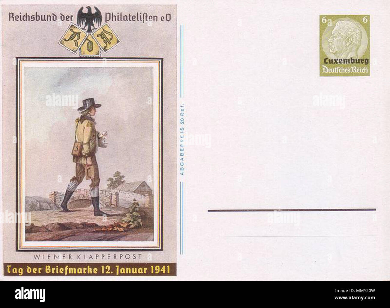 . English: Postcard of the Third Reich, with a preprinted definitive stamp, issued to celebrate the Day of Postage Stamp, January 12, 1941. There is a reproduction of the engraving „Klapperbote“ („Clapper Postman“) by Hieronymus Benedikti (late XVIII c.) on the right side of the postcard, and an overprint for the German occupation of Luxembourg on the German definitive stamp (Michel #P 4). Русский: Почтовая карточка Германии ко Дню почтовой марки, 12 января 1941 года. На правой стороне карточки помещена репродукция гравюры Иеронима Бенедикта 'Письмоносец с трещоткой' (конец XVIII в.); на станд Stock Photo