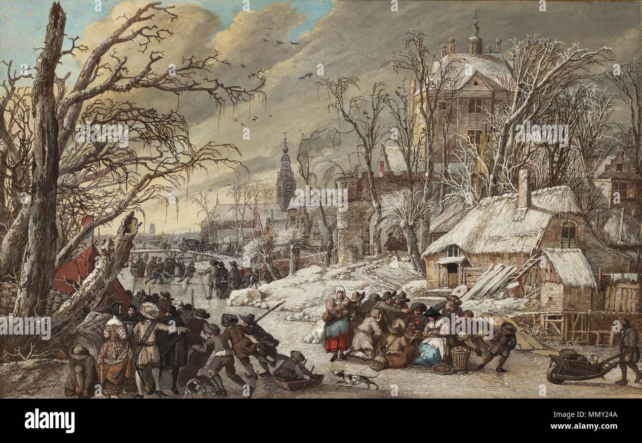 Figures on a Frozen Canal; Gerrit Battem, Dutch, about 1636 - 1684; 1670s; Pen and dark brown ink, watercolor and gouache; 27.5 x 44.3 cm (10 13/16 x 17 7/16 in.); 85.GC.222 Gerrit van Battem - Figures on a Frozen Canal (1670s) Stock Photo