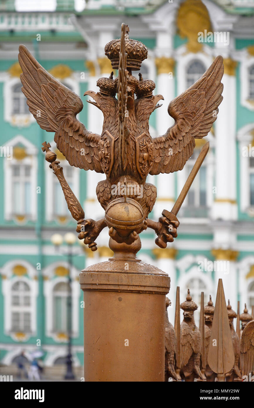 St. Petersburg, bronze figure of the three-headed eagle on the fence of the Alexandria column on Palace square Stock Photo