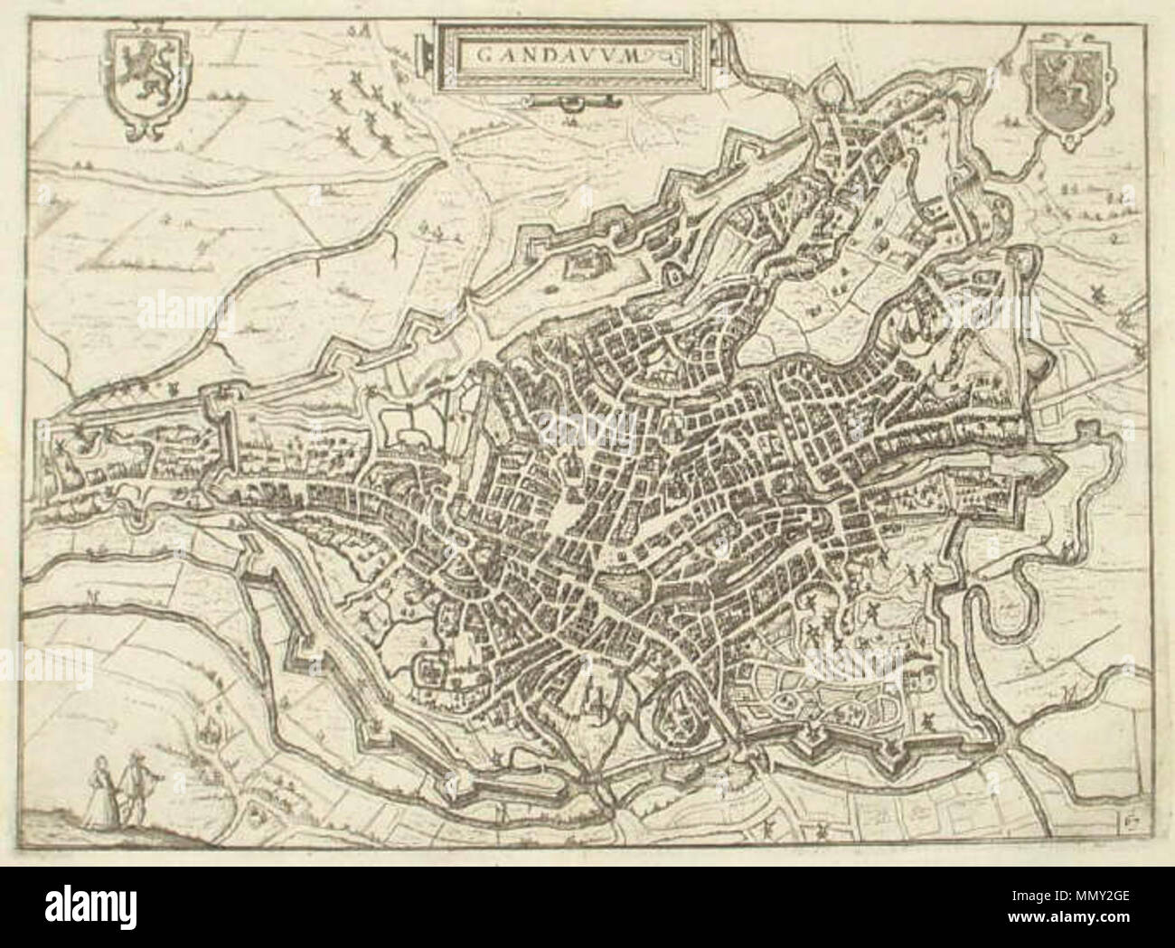 English: Gandavum 1648 Gegraveerde kaart van de stad Gent door L.  Guicciardini Uit: Beschryving van alle de Nederlanden. (Janssonius 1648)  Kaart nummer 67. Afmeting 31 x 23 cm. Niet ingelijst. Kaart