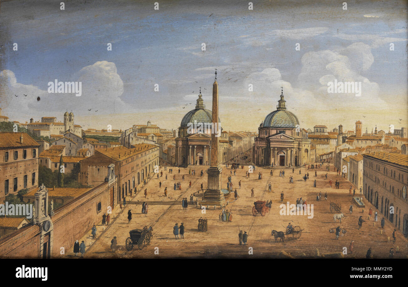 . Die Piazza del popolo in Rom. Tempera auf Karton, 22 x 34 cm.  Piazza del Popolo in Rome. 18th century.  according to Hampel Auctions: attributed to Giacomo van Lint according to WGA (see other versions) possibly by or after Giacomo's father    Hendrik Frans van Lint      Alternative names Studio, Anonymus Pacetti  Description Flemish painter and draughtsman  Date of birth/death 26 January 1684 / 1684 23 September 1763 / 1763  Location of birth/death Antwerp Rome  Work period from 1696 until 1763  Work location Antwerp (1696-1697), Rome (1697-1763), Antwerp (1710)  Authority control  : Q5713 Stock Photo