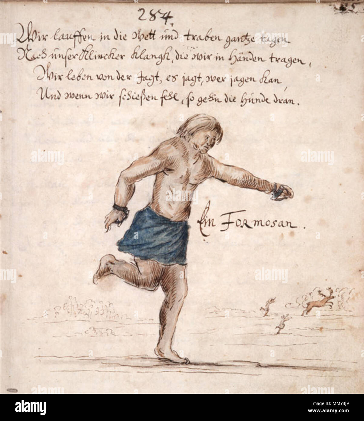 . English: This drawing, by German traveller and sometime VOC employee Caspar Schmalkalden, depicts a Formosan aborigine running. In his hands he holds what appear to be noisemakers, which the accompanying poem refers to as his 'Clink and Clank.' The poem reads: Wir lauffen in die Wett und traben gantze tagen Nach unser Klincker Klangh die wir in H nden tragen Wir leben von der Jagt, er jagt, wer jagen kan Und wenn wir schiessen fehl, so geh'n die Hunde dran. The translation is as follows: We run through the world, trot the whole day through Behind our Clink and Clank that we hold within our h Stock Photo