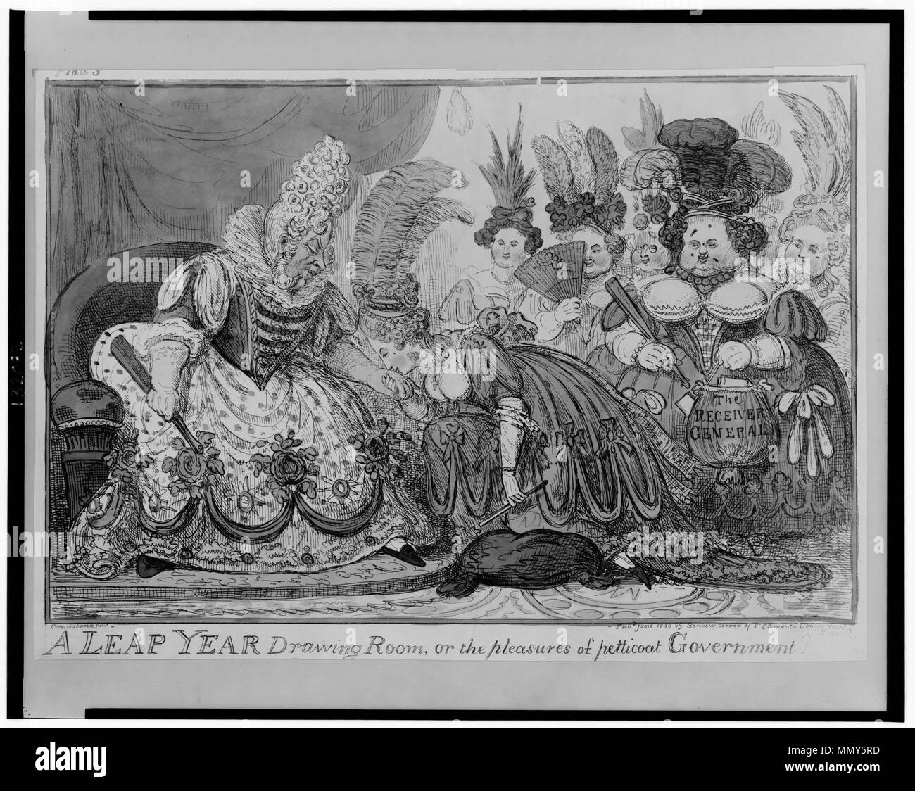 . English: Title: A leap year drawing room, or the pleasures of petticoat government Abstract: Print showing George IV dressed as a woman sitting in a parlor greeting his female guests, one guest kneeling on a cushion and kissing his hand may be Lady Conyngham. Physical description: 1 print : etching, hand-colored ; 27.6 x 39 cm. (sheet) Notes: Cruikshank fecit.; Forms part of: British Cartoon Prints Collection (Library of Congress).; Title from item.  . before 1820.   Isaac Robert Cruikshank  (1789–1856)     Alternative names Robert Cruikshank  Description British caricaturist and illustrator Stock Photo