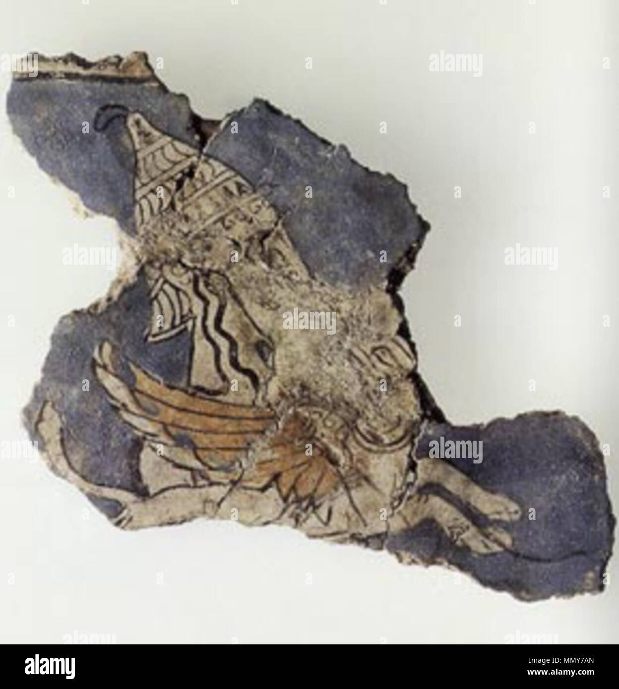. English: Fragment of a 13th century B.C. mural from Orchomenos depicting warrior goddess, in the Cult Centre of Mycenae in boar tusk helmet with a griffin  . 13th century BC. Unknown Goddess-boars-tusk-griffin Stock Photo