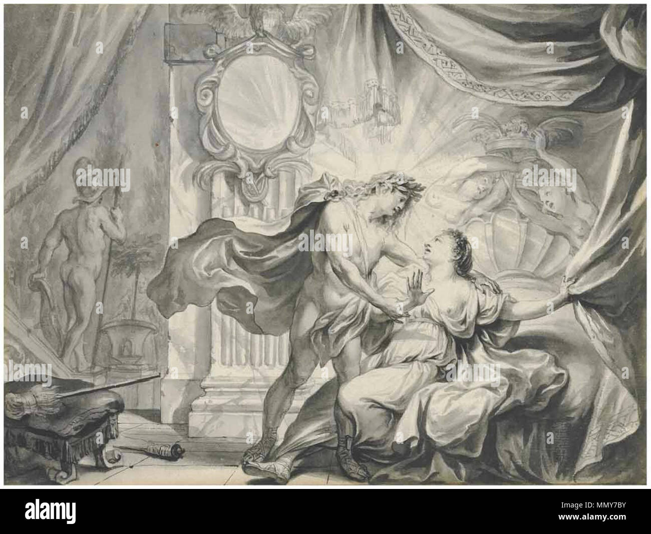 English: Illustrations to the Metamorphoses of Ovid, Apollo seducing Leucothoe . between 1664 and 1700. Godfried Maes - Illustrations to the Metamorphoses of Ovid, Apollo seducing Leucothoe Stock Photo
