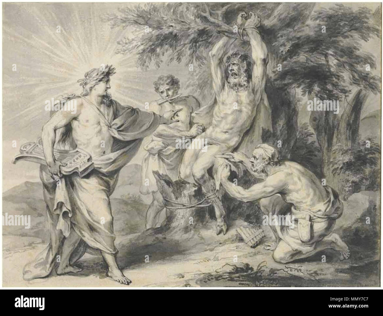 English: Illustrations to the Metamorphoses of Ovid, The Flaying of Marsyas . between 1664 and 1700. Godfried Maes - Illustrations to the Metamorphoses of Ovid, The Flaying of Marsyas Stock Photo