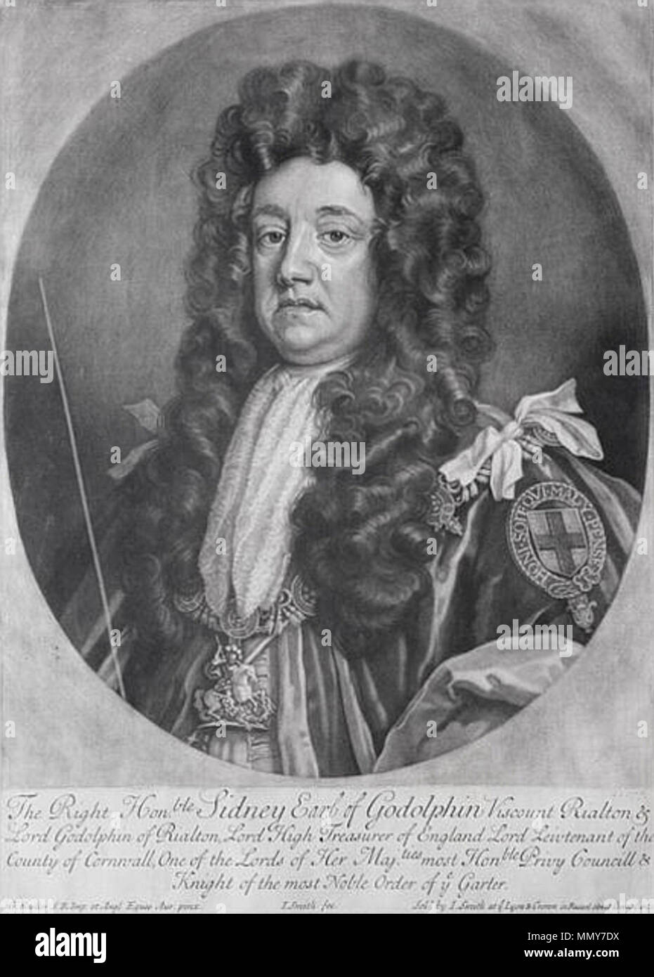 . Sidney Godolphin - 1st Earl of Godolphin (1645-1712) The Right Hon.ble Sidney Earl of Godolphin Viscount Rialton & Lord Godolphin of Rialton, Lord High Treasurer of England Lord Lieutenant of the County of Cornwall, One of the Lords of Her Maj.ties most Hon.ble Privy Council & Knight of the most Noble Order of the Garter  . between 1705 and 1707.   John Smith  (1652–1742)     Alternative names John i Smith; John I Smith  Description British engraver and printseller  Date of birth/death 1652 1742  Location of birth/death Daventry Northamptonshire  Work location London  Authority control  : Q6 Stock Photo