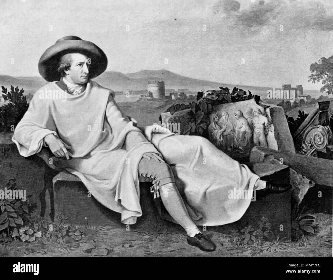 .  Deutsch: Goethe in der Campagne. Goethe war mit dem Bild zufrieden; er fand es glücklich und sehr 'gleichend'. Das Gemälde blieb Tischbeins beste Portraitleistung.  Goethe in the Roman Campagna. Rome, 1787. GoetheInDerCampagneOelgemaeldeVonJohannHeinrichWilhelmTischbein1787S103 Stock Photo