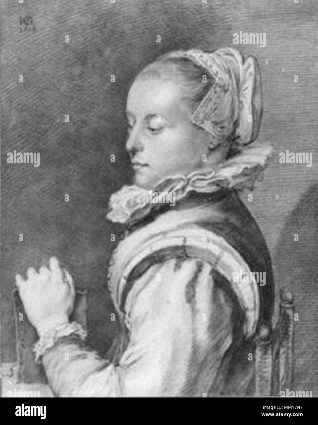 . English: Portrait of Maria Tesselschade Visscher, daughter of Roemer Visscher, copy after Hendrick Goltzius in 1612  . 1770. Hendrik Goltzius Goltzius - Maria Tesselschade Stock Photo