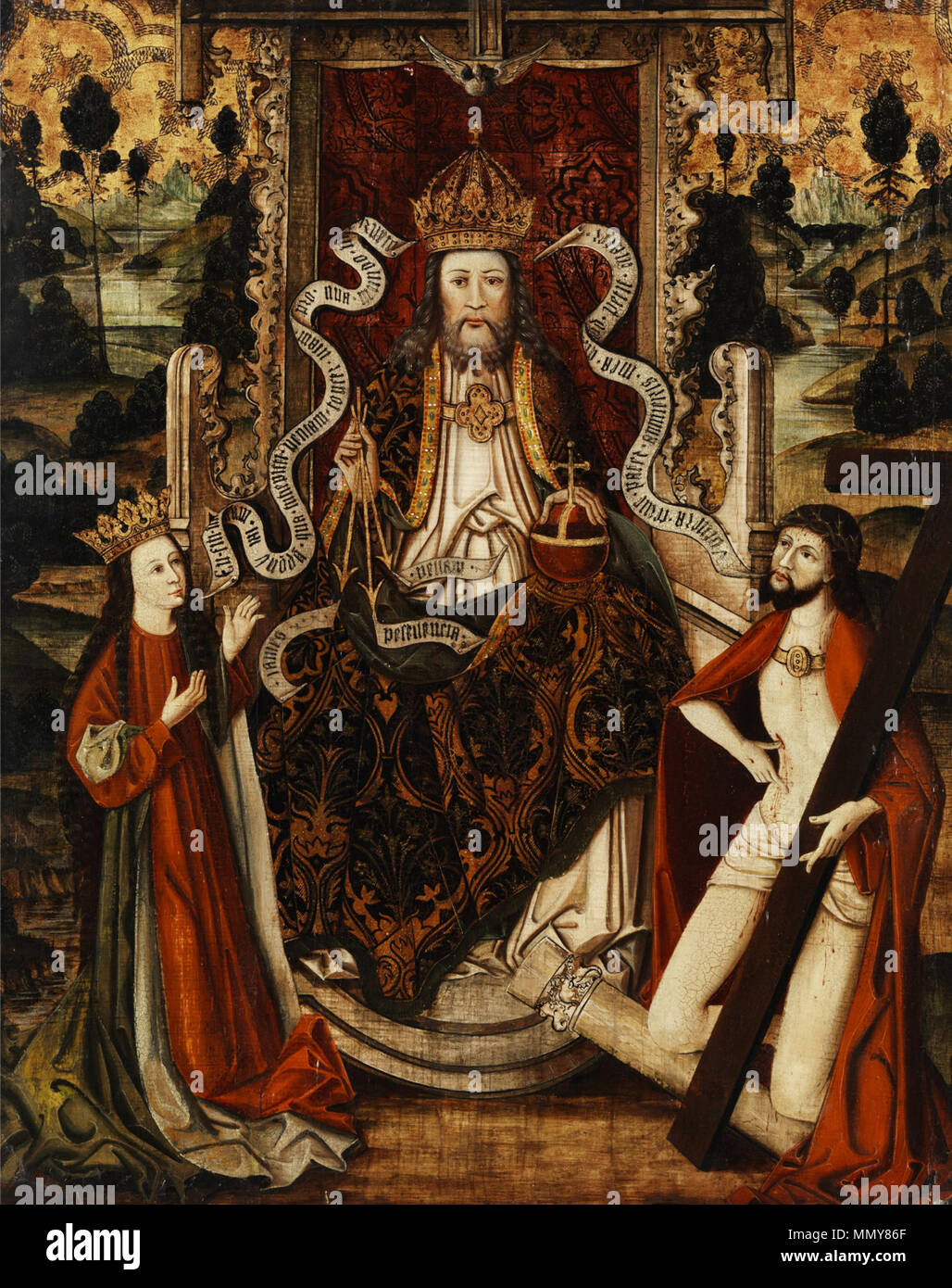 God the Father on a throne, with Virgin Mary and Jesus. late 15th century. Gottvater thronend Westfalen 15 Jh Stock Photo