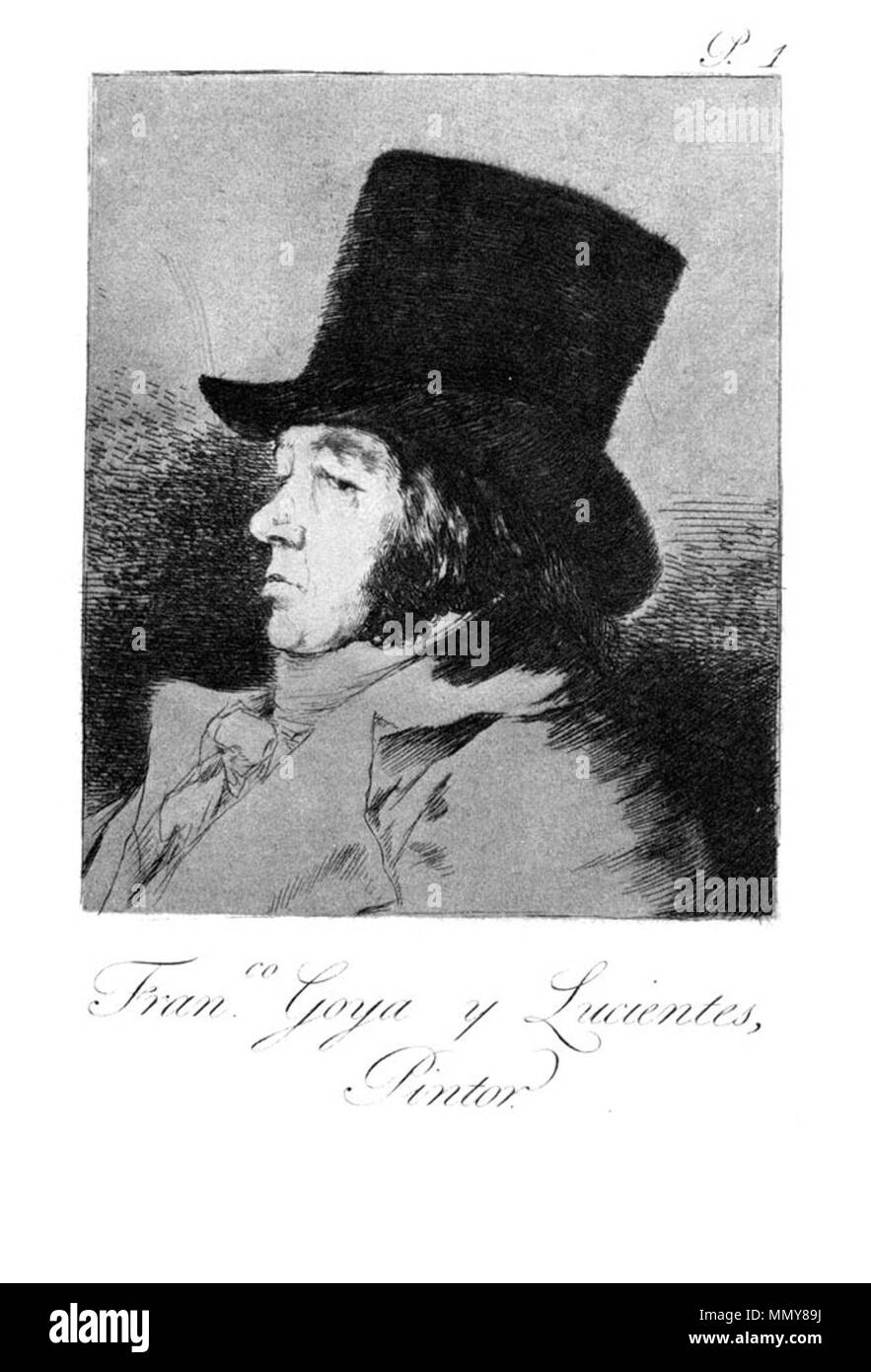 . Los Caprichos is a set of 80 aquatint prints created by Francisco Goya for release in 1799.  Capricho ? 1: Francisco Goya y Lucientes, Pintor. 1799. Goya - Caprichos (01) Stock Photo