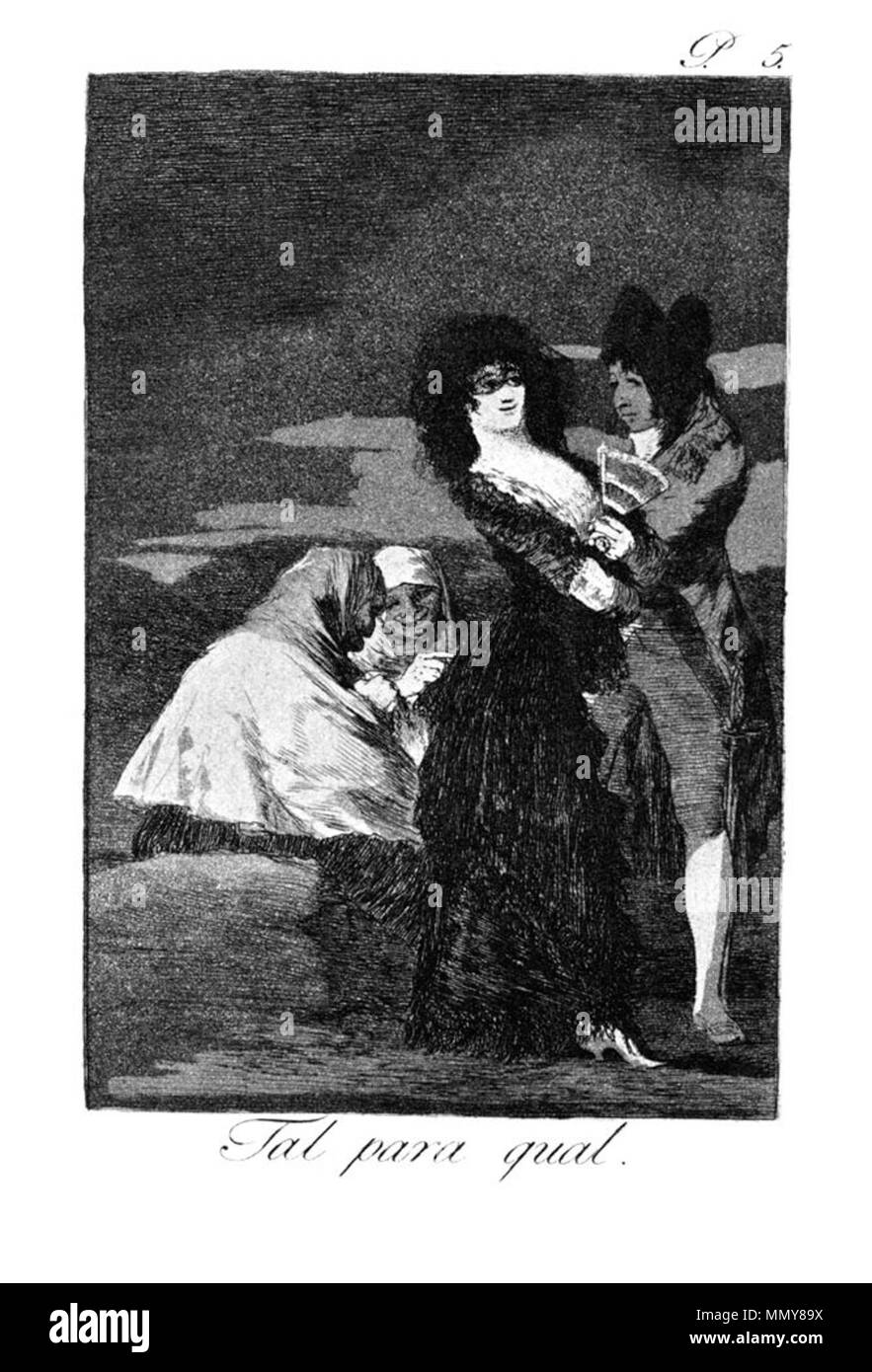 . Los Caprichos is a set of 80 aquatint prints created by Francisco Goya for release in 1799.  . 1799.   Francisco Goya  (1746–1828)      Alternative names Francisco Goya Lucientes, Francisco de Goya y Lucientes, Francisco José Goya Lucientes  Description Spanish painter, printmaker, lithographer, engraver and etcher  Date of birth/death 30 March 1746 16 April 1828  Location of birth/death Fuendetodos Bordeaux  Work location Madrid, Zaragoza, Bordeaux  Authority control  : Q5432 VIAF:?54343141 ISNI:?0000 0001 2280 1608 ULAN:?500118936 LCCN:?n79003363 NLA:?36545788 WorldCat Goya - Caprichos (05 Stock Photo