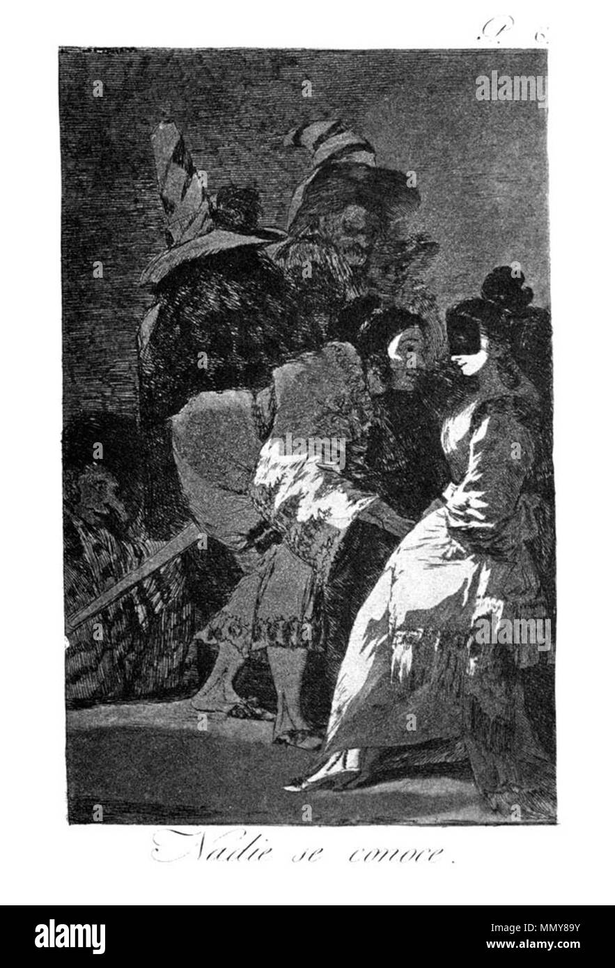 . Los Caprichos is a set of 80 aquatint prints created by Francisco Goya for release in 1799.  . 1799.   Francisco Goya  (1746–1828)      Alternative names Francisco Goya Lucientes, Francisco de Goya y Lucientes, Francisco José Goya Lucientes  Description Spanish painter, printmaker, lithographer, engraver and etcher  Date of birth/death 30 March 1746 16 April 1828  Location of birth/death Fuendetodos Bordeaux  Work location Madrid, Zaragoza, Bordeaux  Authority control  : Q5432 VIAF:?54343141 ISNI:?0000 0001 2280 1608 ULAN:?500118936 LCCN:?n79003363 NLA:?36545788 WorldCat Goya - Caprichos (06 Stock Photo