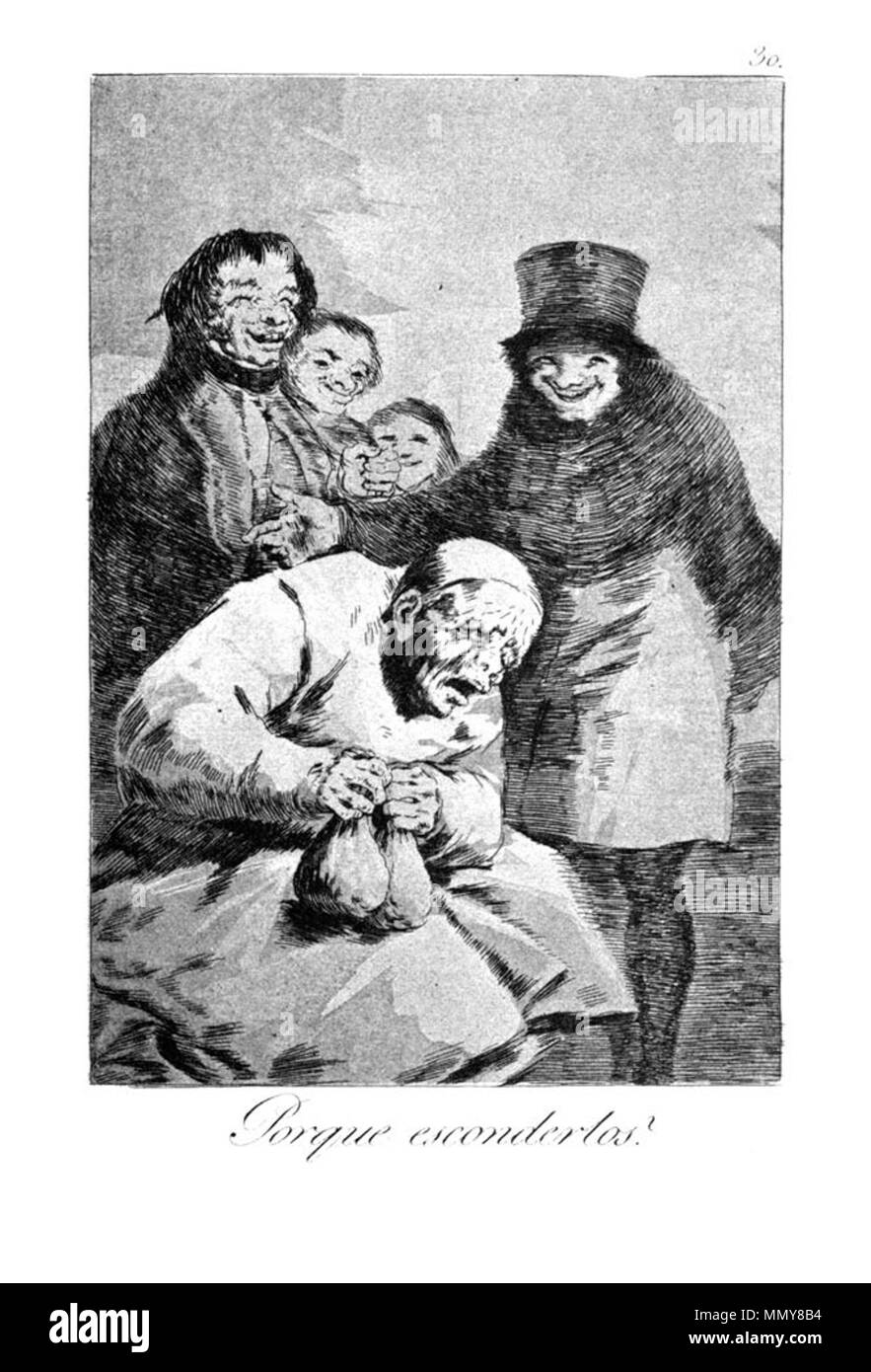 . Los Caprichos is a set of 80 aquatint prints created by Francisco Goya for release in 1799.  . 1799.   Francisco Goya  (1746–1828)      Alternative names Francisco Goya Lucientes, Francisco de Goya y Lucientes, Francisco José Goya Lucientes  Description Spanish painter, printmaker, lithographer, engraver and etcher  Date of birth/death 30 March 1746 16 April 1828  Location of birth/death Fuendetodos Bordeaux  Work location Madrid, Zaragoza, Bordeaux  Authority control  : Q5432 VIAF:?54343141 ISNI:?0000 0001 2280 1608 ULAN:?500118936 LCCN:?n79003363 NLA:?36545788 WorldCat Goya - Caprichos (30 Stock Photo