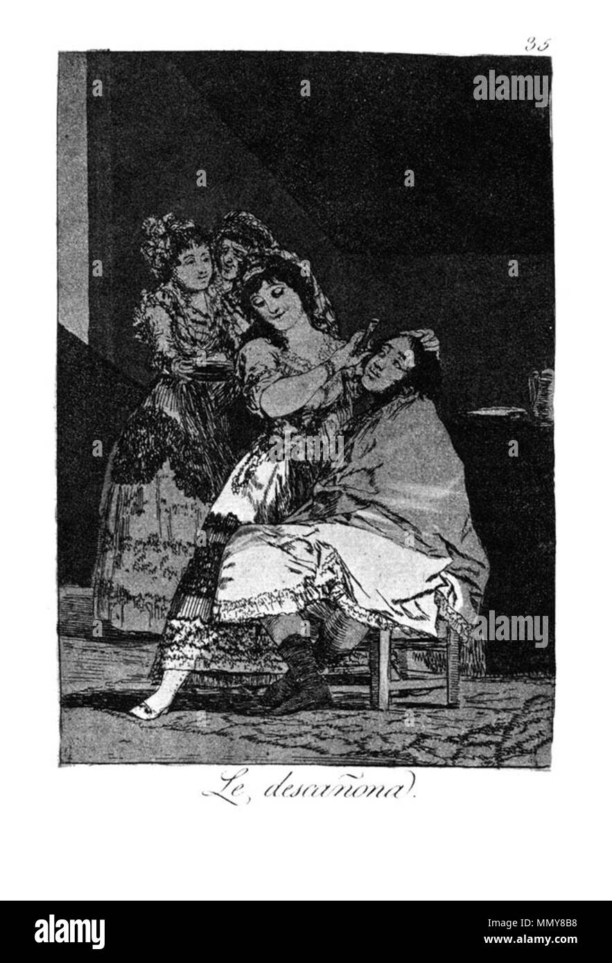. Los Caprichos is a set of 80 aquatint prints created by Francisco Goya for release in 1799.  . 1799.   Francisco Goya  (1746–1828)      Alternative names Francisco Goya Lucientes, Francisco de Goya y Lucientes, Francisco José Goya Lucientes  Description Spanish painter, printmaker, lithographer, engraver and etcher  Date of birth/death 30 March 1746 16 April 1828  Location of birth/death Fuendetodos Bordeaux  Work location Madrid, Zaragoza, Bordeaux  Authority control  : Q5432 VIAF:?54343141 ISNI:?0000 0001 2280 1608 ULAN:?500118936 LCCN:?n79003363 NLA:?36545788 WorldCat Goya - Caprichos (35 Stock Photo