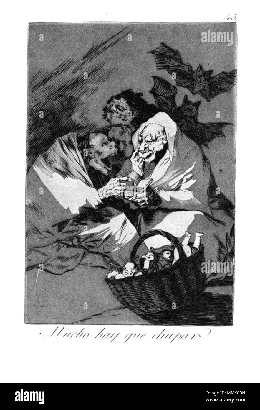 . Los Caprichos is a set of 80 aquatint prints created by Francisco Goya for release in 1799.  . 1799.   Francisco Goya  (1746–1828)      Alternative names Francisco Goya Lucientes, Francisco de Goya y Lucientes, Francisco José Goya Lucientes  Description Spanish painter, printmaker, lithographer, engraver and etcher  Date of birth/death 30 March 1746 16 April 1828  Location of birth/death Fuendetodos Bordeaux  Work location Madrid, Zaragoza, Bordeaux  Authority control  : Q5432 VIAF:?54343141 ISNI:?0000 0001 2280 1608 ULAN:?500118936 LCCN:?n79003363 NLA:?36545788 WorldCat Goya - Caprichos (45 Stock Photo