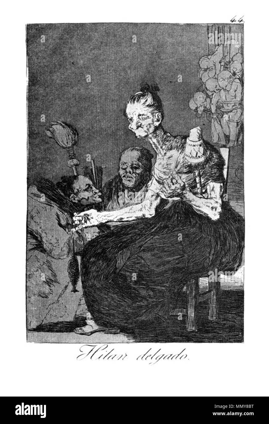 . Los Caprichos is a set of 80 aquatint prints created by Francisco Goya for release in 1799.  . 1799.   Francisco Goya  (1746–1828)      Alternative names Francisco Goya Lucientes, Francisco de Goya y Lucientes, Francisco José Goya Lucientes  Description Spanish painter, printmaker, lithographer, engraver and etcher  Date of birth/death 30 March 1746 16 April 1828  Location of birth/death Fuendetodos Bordeaux  Work location Madrid, Zaragoza, Bordeaux  Authority control  : Q5432 VIAF:?54343141 ISNI:?0000 0001 2280 1608 ULAN:?500118936 LCCN:?n79003363 NLA:?36545788 WorldCat Goya - Caprichos (44 Stock Photo