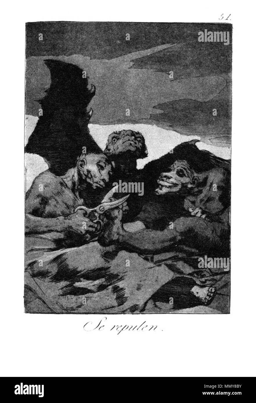 . Los Caprichos is a set of 80 aquatint prints created by Francisco Goya for release in 1799.  . 1799.   Francisco Goya  (1746–1828)      Alternative names Francisco Goya Lucientes, Francisco de Goya y Lucientes, Francisco José Goya Lucientes  Description Spanish painter, printmaker, lithographer, engraver and etcher  Date of birth/death 30 March 1746 16 April 1828  Location of birth/death Fuendetodos Bordeaux  Work location Madrid, Zaragoza, Bordeaux  Authority control  : Q5432 VIAF:?54343141 ISNI:?0000 0001 2280 1608 ULAN:?500118936 LCCN:?n79003363 NLA:?36545788 WorldCat Goya - Caprichos (51 Stock Photo